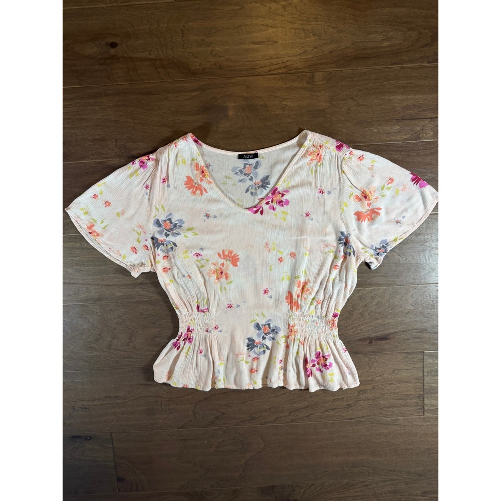 AUW Womens Floral Smocked Peplum Blouse V-Neck Flutter Sleeve Peach T940879H15